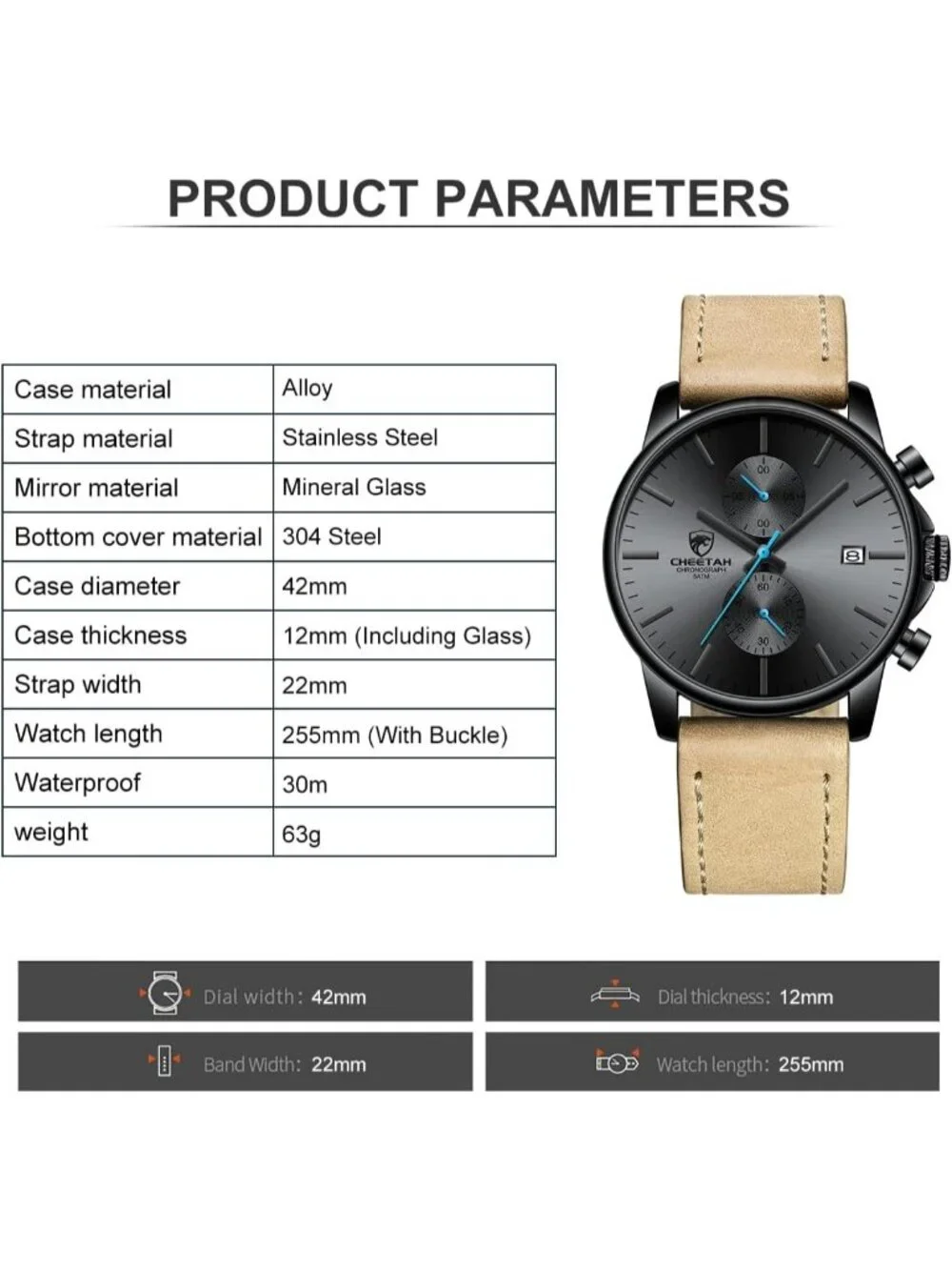 Men's Leather Blue hands Fashion Minimalist Quartz Analog Chronograph Wristwatch